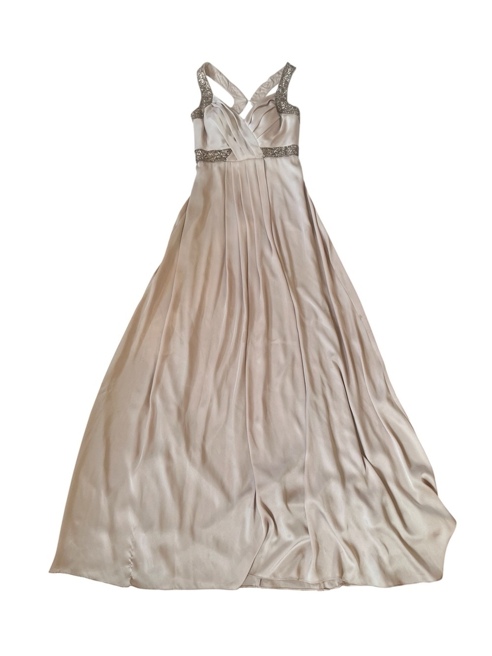 Aidan Mattox Champange Rose Gold Sequin Pleated Satin Long Formal Open Back Gown - Picture 2 of 15